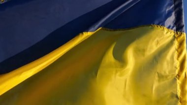 Ukrayna 'nın mavi-sarı sembolü. Kırsalda güneş parıldıyor. Güneşli bir günde açık havada Ukrayna bayrağı dalgalanır. Rus saldırısına karşı barış ve destek. İstila direnişi .