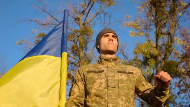 Νεαρός Άνδρας Στολή Καμουφλάζ Στέκεται Σημαία Της Ουκρανίας Στην Ύπαιθρο — Αρχείο Βίντεο