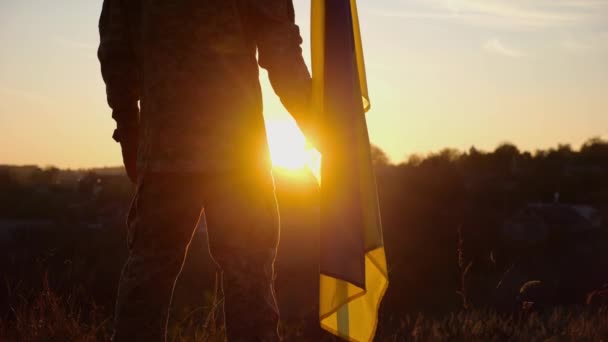 Hombre Del Ejército Ucraniano Está Pie Con Bandera Nacional Campo — Vídeos de Stock