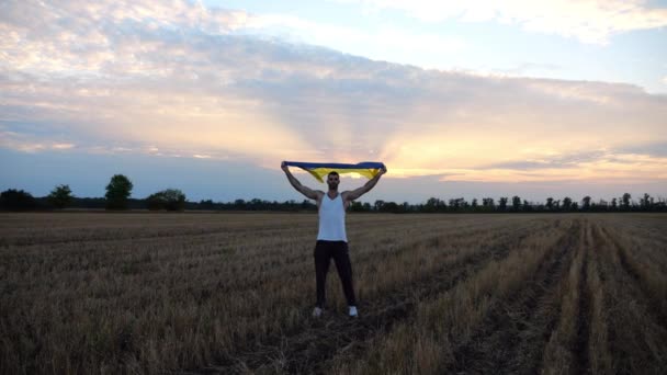 Desportista Ucraniano Está Prado Cevada Mostrando Bíceps Com Bandeira Azul — Vídeo de Stock