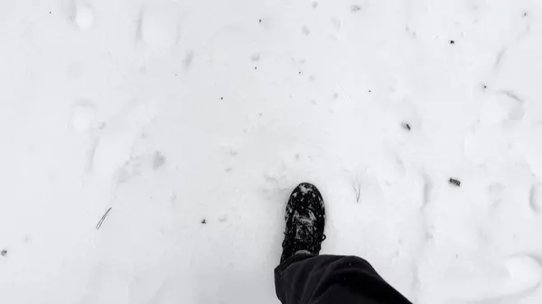 Point of view to male foot stepping on snowy path at winter park. Legs of young man in sneakers kicks up white snow going at forest. Guy walking at nature