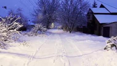 Kamera akşam vakti karlı köy yolunda hareket ediyor. Kış gecesi sokak lambaları kar izlerini aydınlatıyor. Arka planda düşen kar taneleri olan güzel doğa manzarası. Yavaş çekim