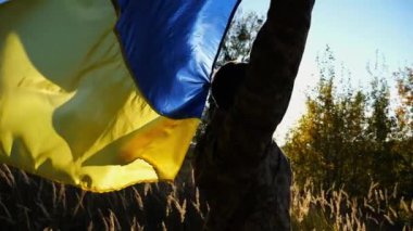 Üniformalı bir asker, Ukrayna bayrağının üzerinde kırsalda dikiliyor. Rus saldırısına karşı kazanılan zaferin şerefine ulusal bayrağı kaldıran Ukraynalı erkek asker. Savaşın sonu..
