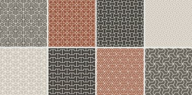 Kusursuz süslemeli vektör desenleri koleksiyonu. Renkli oryantal simetri klasik klasik arka planlar. Geometrik fayans mozaik tasarımı. Izgara desenleri - dekoratif taslak baskılar.