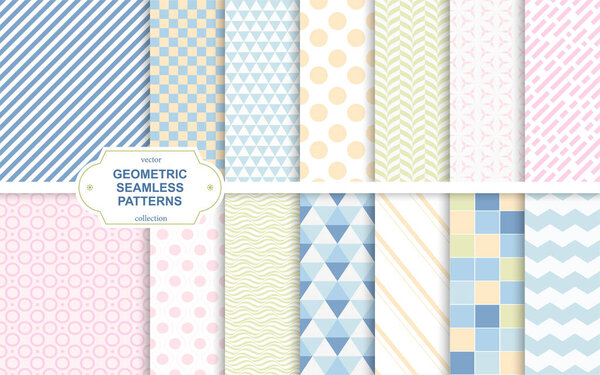 Collection of colorful seamless geometric patterns. Delicate cute modern backgrounds. Trendy bright textile prints. Vibrant endless design.