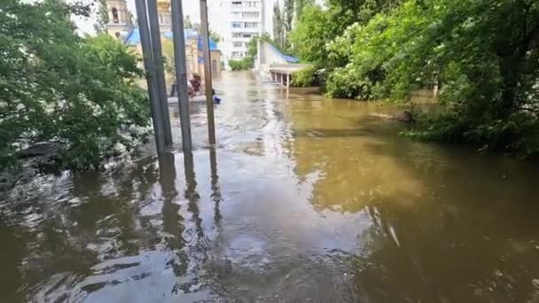 Добровольцы Плывут Лодке Эвакуировать Животных Людей После Детонации Гэс Затопленная — стоковое видео