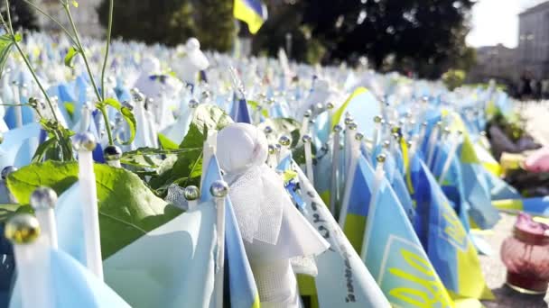 Många Små Flaggor Ukraina Med Namn Det Döda Kriget Mot — Stockvideo