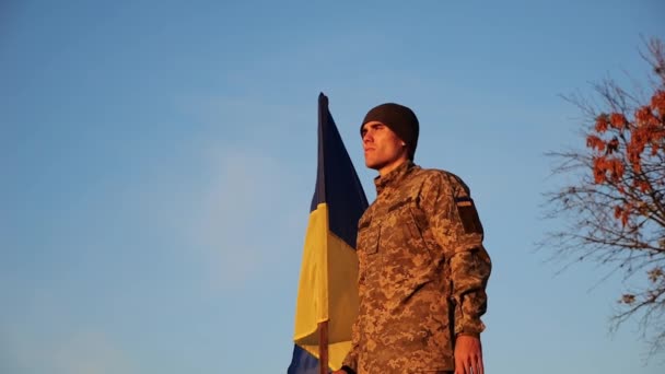 Ουκρανός Στρατιωτικός Στέκεται Εθνικό Λάβαρο Στην Ύπαιθρο Ενάντια Στον Γαλάζιο — Αρχείο Βίντεο