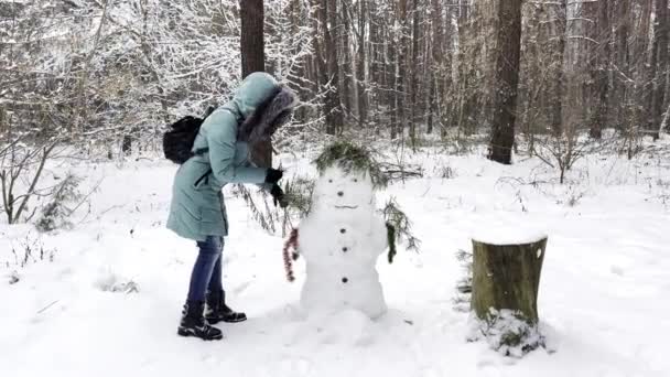 若い女の子は冬の森で面白い雪だるまを作りました 公園の小さな枝で雪の男を飾る幸せな女性 陽気な女性がアウトドアを楽しんでいる 冬休みのコンセプト スローマウスを閉じる — ストック動画