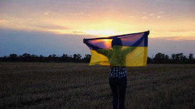 Arpa çayırında yürüyüp Ukrayna bayrağını dalgalandıran mutlu bir kadın. Arka planda güzel bir günbatımında mavi-sarı pankartıyla Ukraynalı bir kadın. Savaşın sonu.