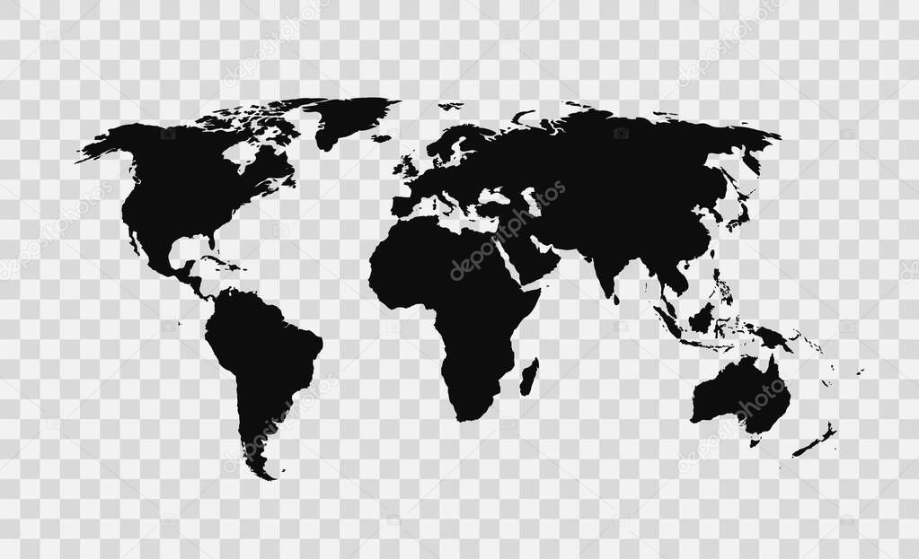 Vector world black map isolated on transparent background. Detailed world atlas.