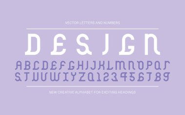 Vektör yaratıcı yazı tipi. Modern İngilizce alfabesi, dekoratif Latince harfler ve rakamlar.