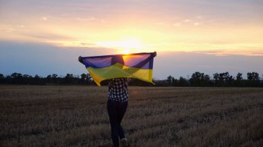 Arpa çayırında yürüyüp Ukrayna bayrağını dalgalandıran mutlu bir kadın. Arka planda güzel bir günbatımında mavi-sarı pankartıyla Ukraynalı bir kadın. Savaşın sonu.