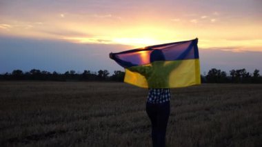 Arpa çayırında yürüyüp Ukrayna bayrağını dalgalandıran mutlu bir kadın. Arka planda güzel bir günbatımında mavi-sarı pankartıyla Ukraynalı bir kadın. Savaşın sonu.