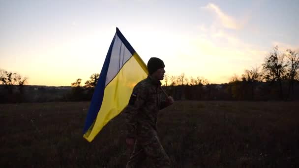 Jeune Militaire Masculin Uniforme Marche Avec Drapeau Ukraine Prairie Soldat — Video