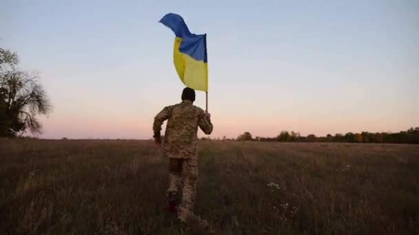 Jeune Militaire Masculin Uniforme Jogging Avec Drapeau Ukraine Prairie Soldat — Video