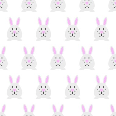 Tavşanlı paskalya şablonu kusursuz. Tatil tekrarlanabilir beyaz karikatür arka planı. Komik kumaş izi. Vektör illüstrasyonu.