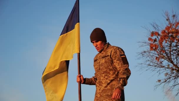 Ukrainsk Militærmann Står Med Nasjonal Banner Landsbygda Mot Blå Himmel – stockvideo