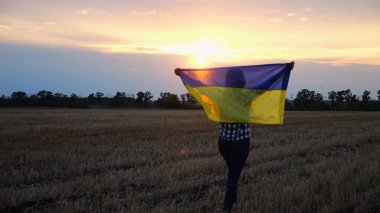 Arpa çayırında yürüyüp Ukrayna bayrağını dalgalandıran mutlu bir kadın. Arka planda güzel bir günbatımında mavi-sarı pankartıyla Ukraynalı bir kadın. Savaşın sonu.