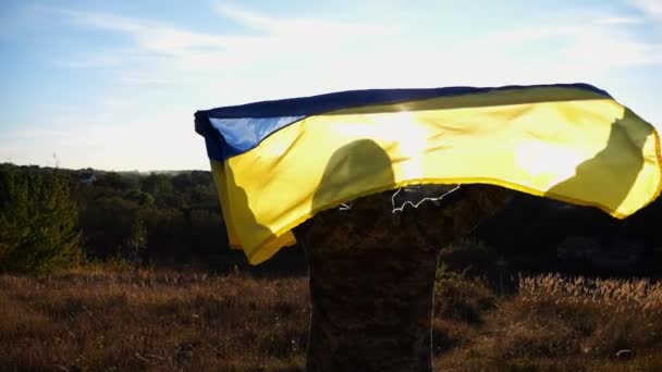 Militar Uniforme Ergue Sobre Cabeça Bandeira Ucraniana Contra Luz Solar — Vídeo de Stock