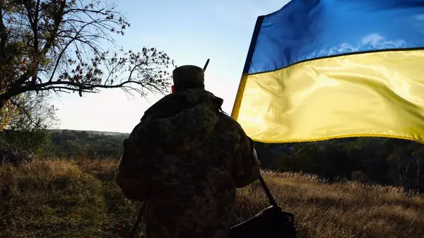Üniformalı genç erkek asker Ukrayna bayrağıyla kırsalda yürüyor. Ukrayna ordusunun askeri açık havada mavi-sarı bayrak sallıyor. Rus saldırısına karşı zafer kavramı