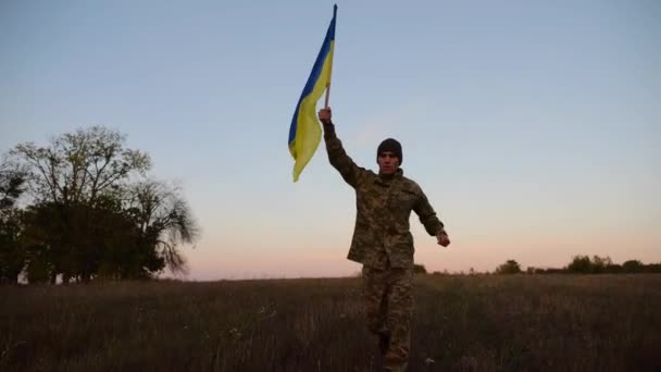 Joven Militar Uniforme Trotando Con Bandera Ucrania Prado Atardecer Soldado Video de stock
