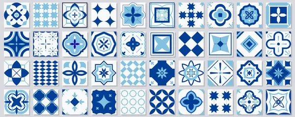 Collezione Motivi Geometrici Mosaico Senza Cuciture Trendy Texture Piastrelle Blu — Vettoriale Stock