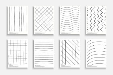 Siyah beyaz el koleksiyonu modern çizgili kapaklar, şablonlar, pankartlar, broşürler, afişler, el ilanları. Sanat monokrom arka planlar, kartpostallar, posterler, satır yazdırmalı davetler