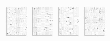 Sanat eseri yaratıcı vektör yapboz şablonları, posterler, afişler, broşürler, afişler, el ilanları, arka planlar vb. Çağdaş soyut kapaklar - geometrik beyaz ve gri tasarım