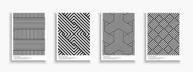 Çizgili geometrik kapaklar, şablonlar, pankartlar, broşürler, afişler, arka planlar koleksiyonu. Monokrom desenli modern sanat eserleri. Siyah ve beyaz renkli moda kumaş baskıları.