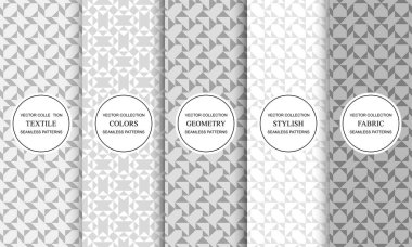 Dekoratif, pürüzsüz geometrik desenler koleksiyonu. Beyaz ve gri hassas kumaş arka planlar. Sonsuz mozaik dokular. Kumaş desenli minimalist baskılar.