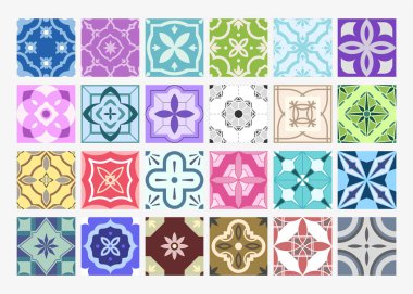 Renksiz geometrik mozaik fayans desenleri koleksiyonu. Sonsuz dekoratif Doğu parlak arka planlar. Vektör tekrarlanabilir simetrik baskılar