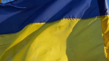 Ukrayna 'nın mavi-sarı sembolü. Kırsalda güneş parıldıyor. Güneşli bir günde açık havada Ukrayna bayrağı dalgalanır. Rus saldırısına karşı barış ve destek. İstila direnişi .
