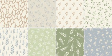 Kusursuz renklerin toplanması narin çiçek desenleri - el yapımı tasarım. Tekrarlanabilir bahar doğası. Dalları ve çiçekleri var. Sonsuz tekstil izleri. Vektör illüstrasyonu.