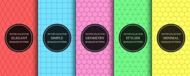 Basit, pürüzsüz vektör geometrik desenlerin toplanması. Parlak renkli, minimalist arka planlar. Sıra dışı sonsuz baskılar.
