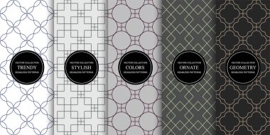 Kusursuz dekoratif tek renkli desenler koleksiyonu. Geometrik süs tasarımı. Tekrarlanabilir renkli zarif arka planlar. Simetri sonsuz izler
