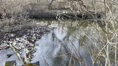 Kirli nehir birçok plastik şişeyle kirlidir. Pek çok çöp doğadaki açık ve serbestçe ulaşılabilir yerlere atılır. Küresel çevre kirliliği sorunu. Ekolojik felaket kavramı.