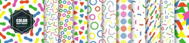 Renksiz vektör desenleri koleksiyonu. Parlak tekrarlanabilir eğlenceli arka planlar. Canlı mozaik dokular. Moda çocuk baskıları. Basit sıradışı tasarım.