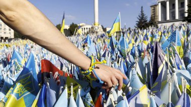 Ukrayna 'nın küçük bayrağını tutan ve Rusya' ya karşı yapılan ölü savaşın isimlerini inceleyen bir kadın. Kyiv 'in merkezindeki şehit askerlerin, çocukların ve kadınların anısına. Trajedi ve talihsizlik kavramı.