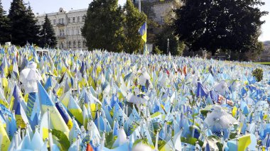 Birçok küçük mavi-sarı bayrak Rusya 'ya karşı yapılan ölü savaşların isimlerini taşıyor. Ukrayna 'nın başkentinde ölen askerlerin, çocukların ve kadınların anısına. Trajedi ve talihsizlik kavramı.