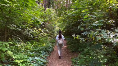 Genç bir kadın yaz ormanında patika boyunca gidiyor. Sırt çantalı bir kadın vahşi doğada patikaların arasında yürüyor. Tanınmayan bir kız dışarıda gezmekten zevk alıyor. Manzaraya hayran kalıyor. Kapat.