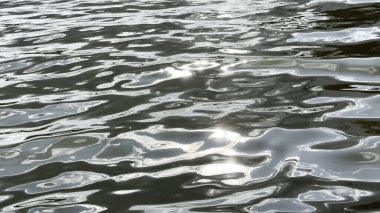 Yazın güneşle aydınlatılan göletin manzara yüzeyi. Güneşli bir günde deniz manzarası ve küçük dalgalar. Güzel yaz doğa manzarası. Huzur sahnesi kavramı. Yavaş çekim