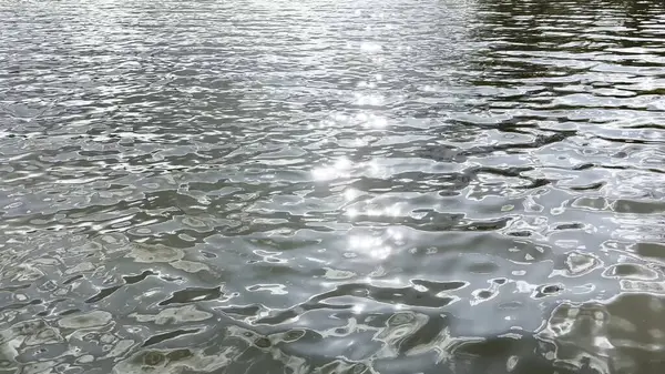 Yazın güneşle aydınlatılan göletin manzara yüzeyi. Güneşli bir günde deniz manzarası ve küçük dalgalar. Güzel yaz doğa manzarası. Huzur sahnesi kavramı. Yavaş çekim