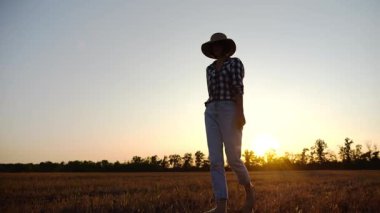 Alacakaranlıkta arpa tarlasında yürüyen hasır şapkalı yetişkin tarım uzmanı. Dişi çiftçi gün batımında buğday çayırından geçiyor. Güzel manzara manzarası. Tarım sektörü kavramı. Yavaş çekim
