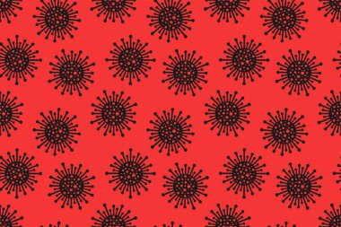 Parlak kırmızı, kusursuz, agresif virüs deseni. Soyut tıbbi bakteri sembolleriyle salgın hastalık geçmişi. Kumaş, tasarım, baskı, duvar kağıdı, kapak, covid konsepti için vektör illüstrasyonu.