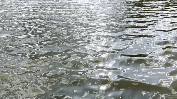 Yazın güneşle aydınlatılan göletin manzara yüzeyi. Güneşli bir günde deniz manzarası ve küçük dalgalar. Güzel yaz doğa manzarası. Huzur sahnesi kavramı. Yavaş çekim
