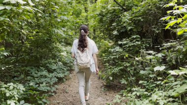 Genç bir kadın yaz ormanında patika boyunca gidiyor. Sırt çantalı bir kadın vahşi doğada patikaların arasında yürüyor. Tanınmayan bir kız dışarıda gezmekten zevk alıyor. Manzaraya hayran kalıyor. Kapat.