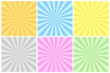 Parlak renkli çizgili arka plan koleksiyonu. Klasik radyal sanat baskıları. Tasarım ve fikirleriniz için soyut pop vektör çizim kalıpları. Kart, poster, pankart vs. gibi kullanılabilir.