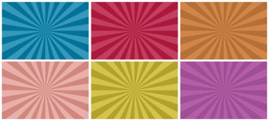 Parlak renkli çizgili arka plan koleksiyonu. Klasik radyal sanat baskıları. Tasarım ve fikirleriniz için soyut pop vektör çizimleri retro modelleri. Kart, poster, pankart vs. gibi kullanılabilir.