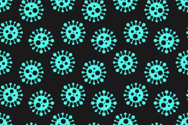 Çizgi filmlerdeki gibi kusursuz virüs deseni. Salgın siyah ve turkuaz tehlike arkaplan ve soyut tıbbi bakteri sembolleri. Kumaş, tasarım, baskı, duvar kağıdı, kapak, covid konsepti için vektör illüstrasyonu.